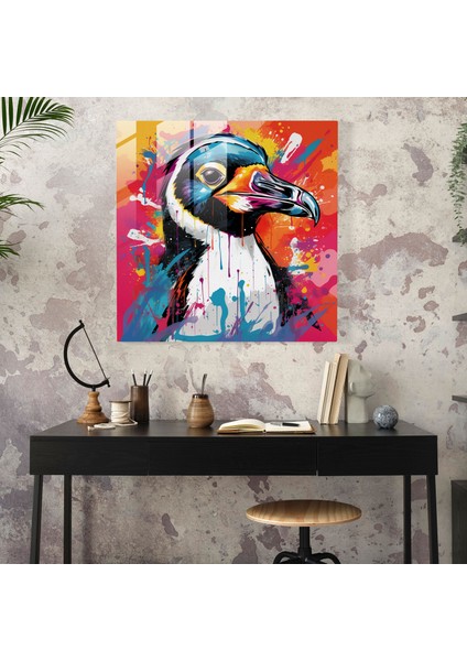 Penguen Cam Baskı - Pop Art Illüstrasyon, Duvar Dekorasyonu - Penguen, Çizgi Roman Öğeleri, Penguen, Canlı Renkler, 30X30 modelleri