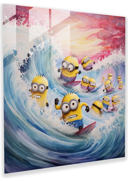 Minion Suluboya Cam Baskı - Minyonlar, Renk Dalgaları, Sörf, Cam Baskı, 30X30
