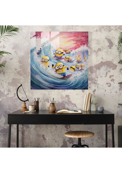 Minion Suluboya Cam Baskı - Minyonlar, Renk Dalgaları, Sörf, Cam Baskı, 30X30 fiyatları