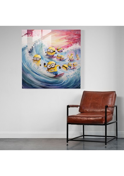 Minion Suluboya Cam Baskı - Minyonlar, Renk Dalgaları, Sörf, Cam Baskı, 30X30 modelleri