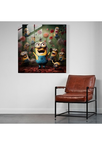 Minyonlar Kaprisli Kolaj Cam Baskı - Minyonlar, Modern Sanat, Ev Dekorasyonu, Eğlenceli, 50X50 modelleri