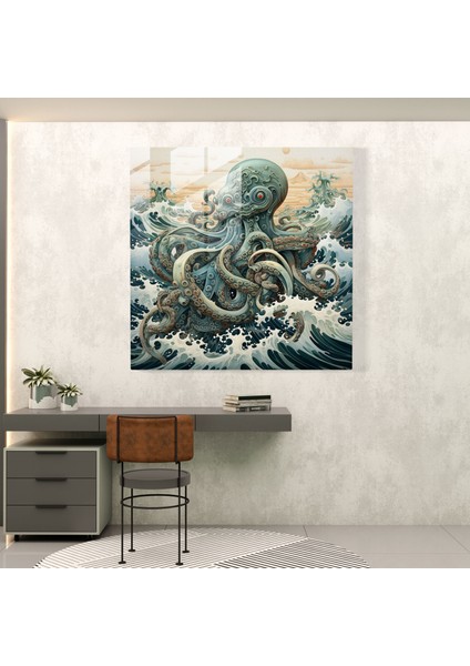 Okyanus Dalgaları Ahtapot Cam Baskı - Ahtapot, Sakinleştirici, Duvar Süslemesi, Modern Sanat, 30X30 modelleri