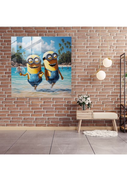 Minyonlar Cam Baskı - Minyonlar, Mutluluk, Modern Sanat, Kaprisli, 30X30