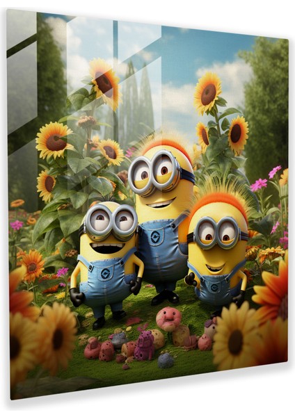 Minionlar Cam Baskı - Çiçek Cenneti - Minionlar, Ev Dekorasyonu, Duvar Dekorasyonu, Minionlar, 30X30