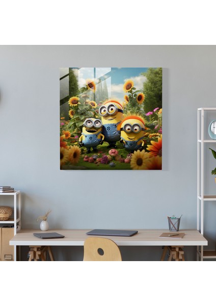 Minionlar Cam Baskı - Çiçek Cenneti - Minionlar, Ev Dekorasyonu, Duvar Dekorasyonu, Minionlar, 30X30 modelleri