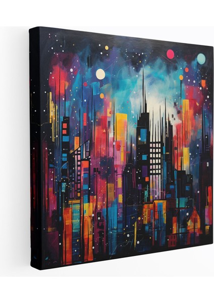 Gece Yarısı Şehir Manzarası Kanvas Tablo - Gece Yarısı, Duvar Dekorasyonu, Canlı Renkler, Gece Yarısı, 30X30