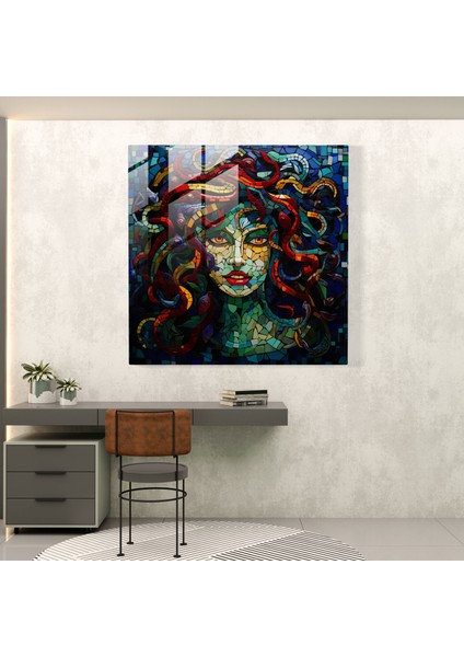 Medusa Mozaik Cam Duvar Sanatı - Mozaik Portre Oluşturan Renkli Cam Parçaları - Medusa, Cam Sanatı, Cam Duvar Sanatı, Antik Sanat Sanatı, 30X30 modelleri
