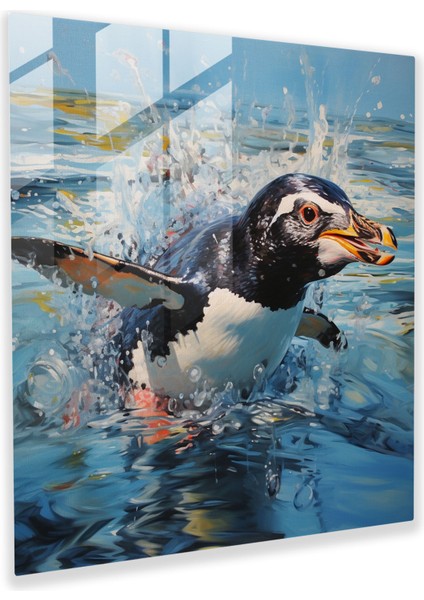 Çağdaş Penguen Cam Sanatı - Penguen, Kristal Berrak Deniz, Dinamik Kompozisyon, Cam Baskı, 30X30