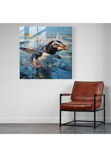 Çağdaş Penguen Cam Sanatı - Penguen, Kristal Berrak Deniz, Dinamik Kompozisyon, Cam Baskı, 30X30