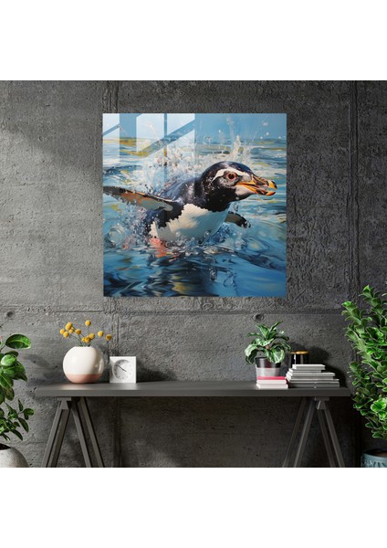 Çağdaş Penguen Cam Sanatı - Penguen, Kristal Berrak Deniz, Dinamik Kompozisyon, Cam Baskı, 30X30