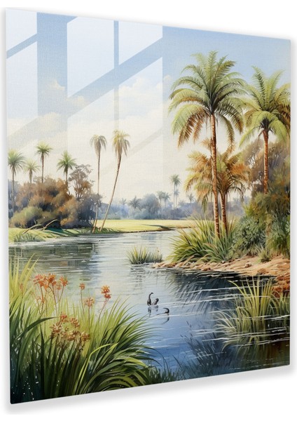 Papirüs Cam Baskı: Sakin Nehir Kenarı - Papirüs, Papirüs, Sakin, Yemyeşil Yapraklar, 30X30