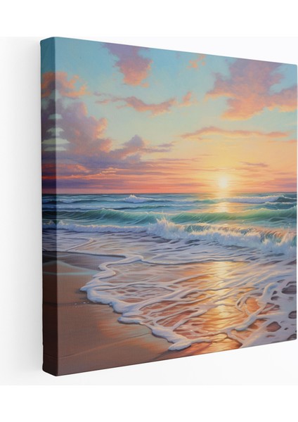 Pastel Sahilde Gün Batımı Kanvas Tablo - Rüya Gibi Duvar Tablosu - Pastel, Pastel, Sakin Deniz, Sahilde Gün Batımı, 30X30
