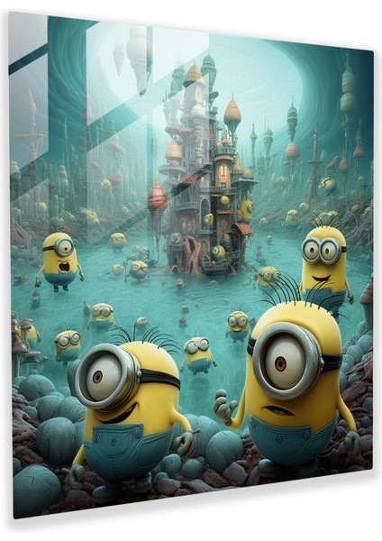 Gerçeküstü Minions Cam Duvar Sanatı - Minyonlar, Duvar Dekorasyonu, Soyut Ortam, Rüya Gibi, 30X30