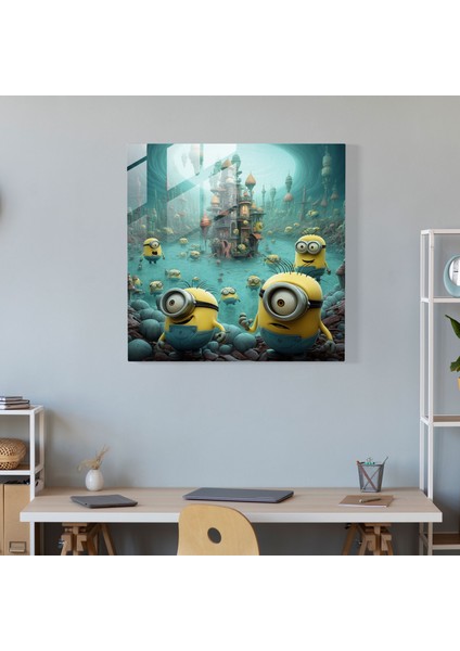 Gerçeküstü Minions Cam Duvar Sanatı - Minyonlar, Duvar Dekorasyonu, Soyut Ortam, Rüya Gibi, 30X30 fiyatları