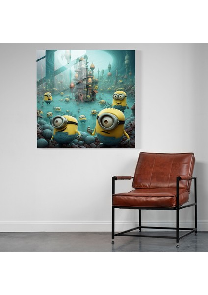 Gerçeküstü Minions Cam Duvar Sanatı - Minyonlar, Duvar Dekorasyonu, Soyut Ortam, Rüya Gibi, 30X30 modelleri