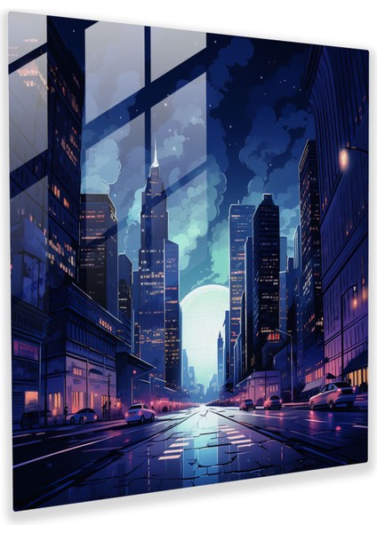City Nights Lacivert Cam Baskı - Lacivert, Gökdelenler, Lacivert, Gece, 30X30