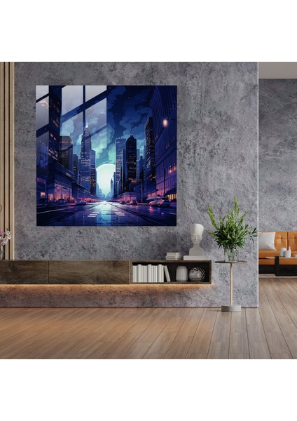 City Nights Lacivert Cam Baskı - Lacivert, Gökdelenler, Lacivert, Gece, 30X30 fiyatları