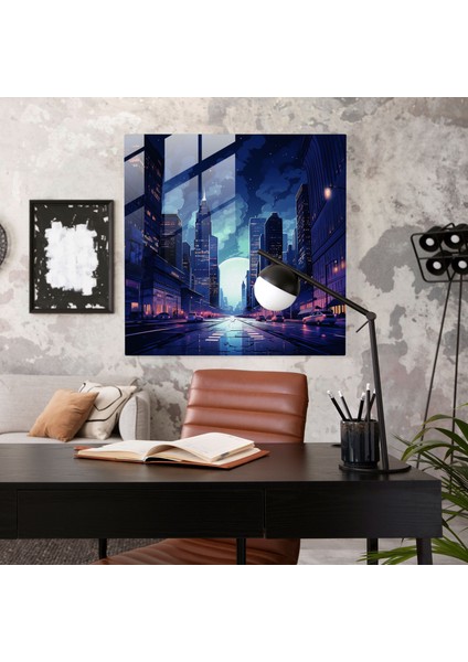 City Nights Lacivert Cam Baskı - Lacivert, Gökdelenler, Lacivert, Gece, 30X30 modelleri