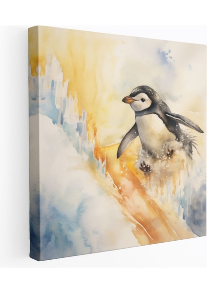 Kayan Penguen Kanvas Tablo Duvar Tablosu - Penguen, Kaygısız Ruh, Canlı Renkler, Ev Dekorasyonu, 30X30