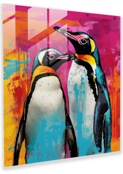 Oynak Penguenler Cam Baskı - Penguen, Parlak Renkler, Cam Sanatı, Cam Duvar Sanatı, 30X30