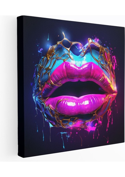 Neon Öpücük Duvar Dekorasyonu - Öpücük, Canlı Duvar Sanatı, Dijital Sanat, Neon Kanvas Tablo, 30X30