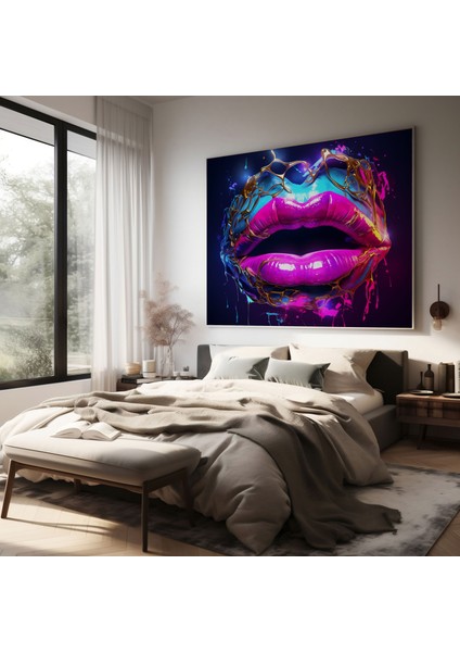 Neon Öpücük Duvar Dekorasyonu - Öpücük, Canlı Duvar Sanatı, Dijital Sanat, Neon Kanvas Tablo, 30X30