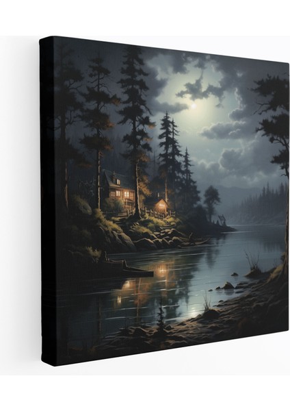 Gece Yarısı Göl Kenarı Kanvas Tablo - Gece Yarısı, Sakin, Gece Yarısı, Gerçekçi, 30X30