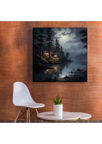 Gece Yarısı Göl Kenarı Kanvas Tablo - Gece Yarısı, Sakin, Gece Yarısı, Gerçekçi, 30X30 modelleri