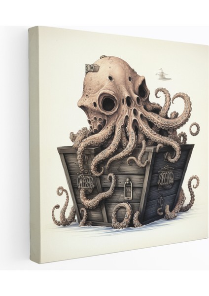 Ahtapot Duvar Dekorasyonu - Tuhaf Mürekkep Çizimi - Ahtapot, Hazine Sandığı, Karmaşık Dokunaçlar, Ev Dekorasyonu, 30X30