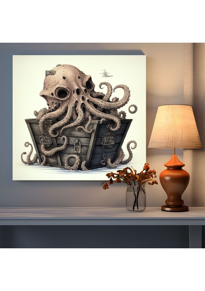 Ahtapot Duvar Dekorasyonu - Tuhaf Mürekkep Çizimi - Ahtapot, Hazine Sandığı, Karmaşık Dokunaçlar, Ev Dekorasyonu, 30X30 fiyatları