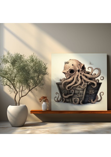 Ahtapot Duvar Dekorasyonu - Tuhaf Mürekkep Çizimi - Ahtapot, Hazine Sandığı, Karmaşık Dokunaçlar, Ev Dekorasyonu, 30X30 modelleri