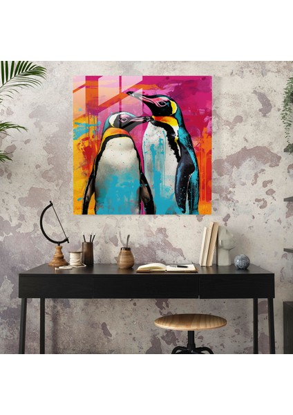 Oynak Penguenler Cam Baskı - Penguen, Parlak Renkler, Cam Sanatı, Cam Duvar Sanatı, 50X50 modelleri