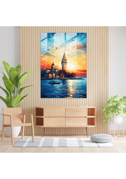 Galata Kulesi Cam Duvar Sanatı - Galata Kulesi, Cam Baskı, Gün Batımı, Galata Kulesi, 30X45