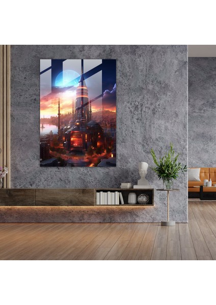 Galata Kulesi Duvar Dekorasyonu - Galata Kulesi, Dijital Sanat Eseri, Cam Sanatı, Teknolojik Gelişmiş Şehir Manzarası, 30X45