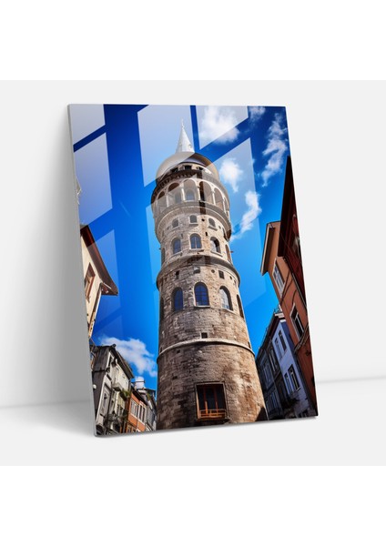 Galata Kulesi Ev Dekorasyonu - Galata Kulesi, Geniş Açılı Çekim, Berrak Mavi Gökyüzü, Cam Sanatı, 30X45