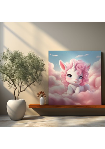 Sevimli Bebek Tek Boynuzlu At Kanvas Tablo - Kabarık Pembe Bir Bulut Üzerinde Dinlenen - Tek Boynuzlu At, Tek Boynuzlu At Kanvas Tablo, Pembe Bulut, Kanvas Tablo, 30X30