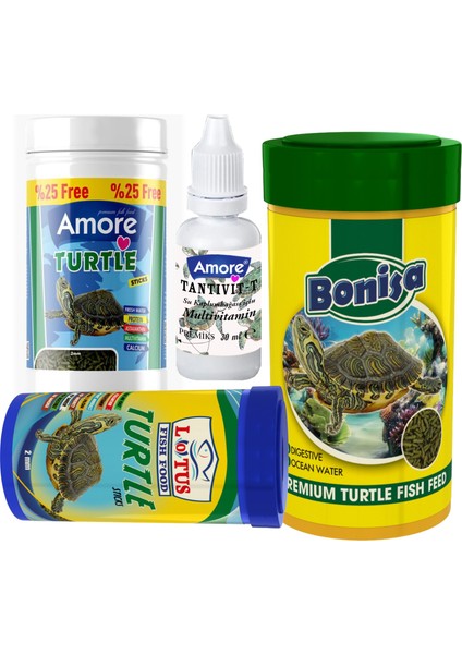 Turtle Green Sticks 125, Bonisa 250ml, Lotus 100ml Su Kaplumbağası Yemi ve Vitamin Seti