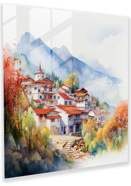 Köy Suluboya Cam Baskı - Köy, Dağlar, Cam Duvar Sanatı, Duvar Dekorasyonu, 30X30