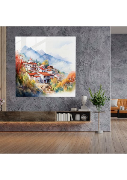 Köy Suluboya Cam Baskı - Köy, Dağlar, Cam Duvar Sanatı, Duvar Dekorasyonu, 30X30 fiyatları