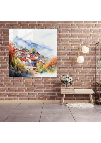 Köy Suluboya Cam Baskı - Köy, Dağlar, Cam Duvar Sanatı, Duvar Dekorasyonu, 30X30 modelleri