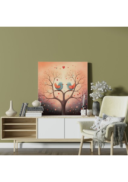 Romantik Muhabbet Kuşları Kanvas Tablo - Romantik, Yüzen Kalpler, Duvar Sanatı, Kaprisli Illüstrasyon, 30X30 modelleri