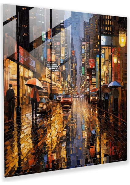Yansıtıcı Yağmurlu Sokak Cam Sanatı - Yağmur, Sofistike, Cam Sanatı, Karmaşık, 30X30