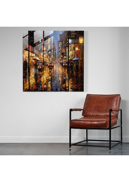 Yansıtıcı Yağmurlu Sokak Cam Sanatı - Yağmur, Sofistike, Cam Sanatı, Karmaşık, 30X30