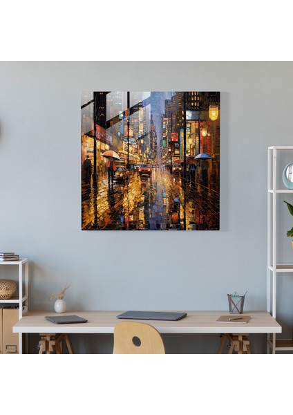 Yansıtıcı Yağmurlu Sokak Cam Sanatı - Yağmur, Sofistike, Cam Sanatı, Karmaşık, 30X30