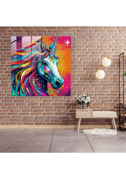 Enerjik Tek Boynuzlu At Cam Baskı - Tek Boynuzlu At, Geometrik Desenler, Cam Duvar Sanatı, Tek Boynuzlu At, 30X30