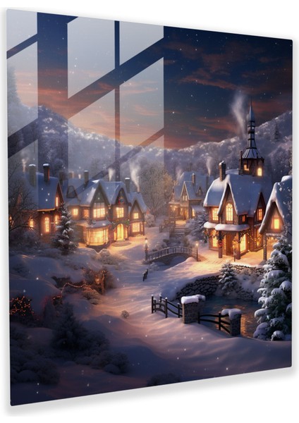 Kış Harikalar Diyarı Cam Baskı - Köy, Ev Dekorasyonu, Sıcak Işıklar, Modern Sanat, 30X30