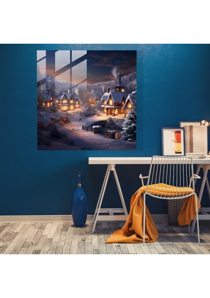 Kış Harikalar Diyarı Cam Baskı - Köy, Ev Dekorasyonu, Sıcak Işıklar, Modern Sanat, 30X30 modelleri