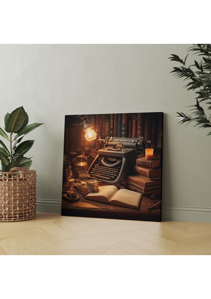 Vintage Daktilo Kanvas Tablo - Retro, Ahşap Masa, Kanvas Tablo, Vintage Daktilo, 30X30 fiyatları