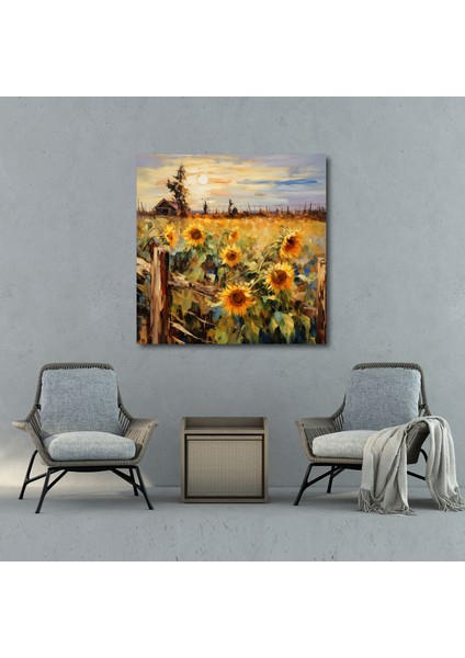 Rustik Ayçiçeği Tarlası Duvar Dekorasyonu - Rustik, Ayçiçeği Tarlası, Kanvas Tablo, Duvar Sanatı, 30X30