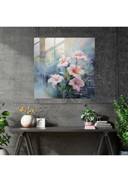 Sakin Çiçekler Cam Baskı - Tropikal, Cam Duvar Sanatı, Pastel Tonlar, Güzellik, 50X50